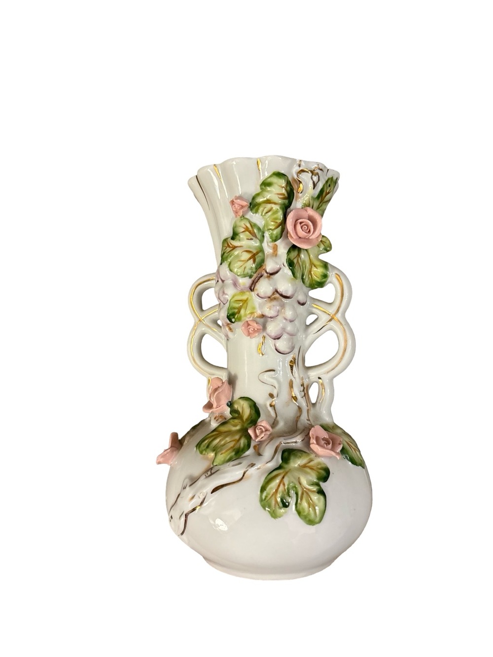 3D VTG Fine Porcelain Hand Painted Floral Bud Vase Pink Roses & Green Leaves
